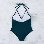 Damen Einteiler Badeanzug mit tiefem V-Ausschnitt und Hochschnitt R&B