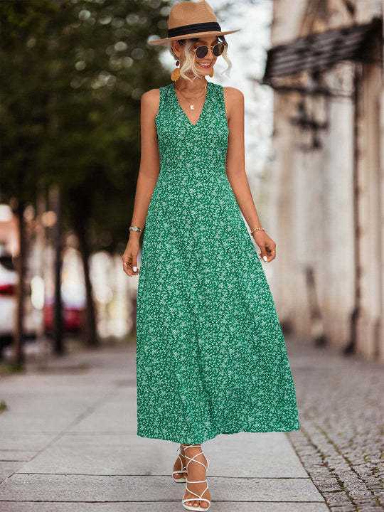 Damen Maxikleid mit floralem V-Ausschnitt und schwingendem Rock R&B