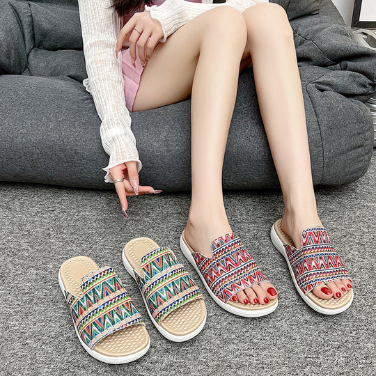 Damen Wedge-Pantoletten mit farbenfrohem Ethnomuster und rutschfester Sohle R&B