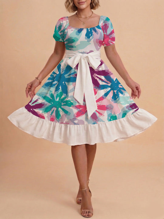 Damen Blumenkleid mit taillierbarem Gürtel und voluminösen Ärmeln R&B