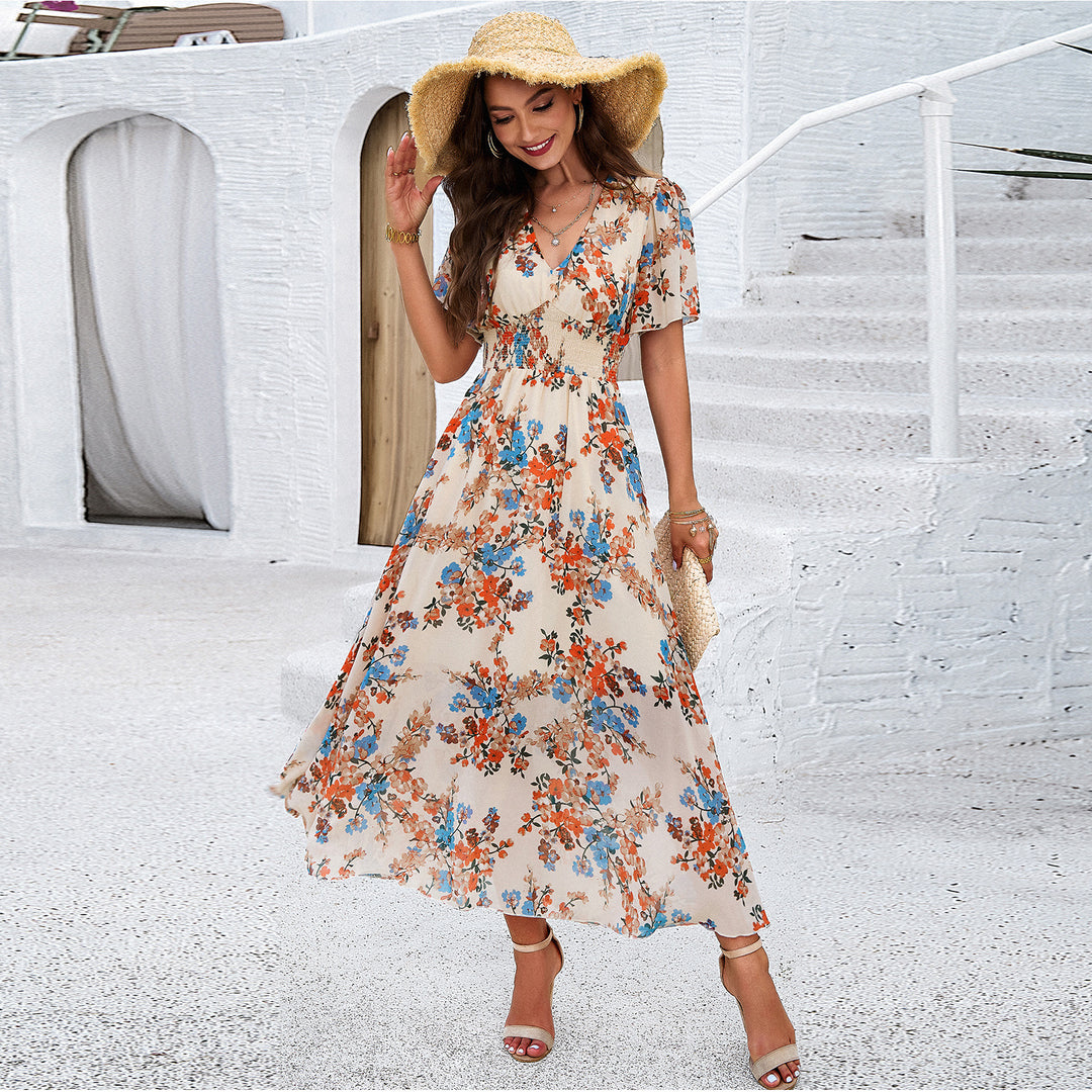 Damen Maxikleid mit schwingendem Rock und romantischem Blumenmuster R&B