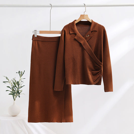 Damen elegantes Strickensemble mit Wickeloberteil und raffinierter hoher Taillierung R&B