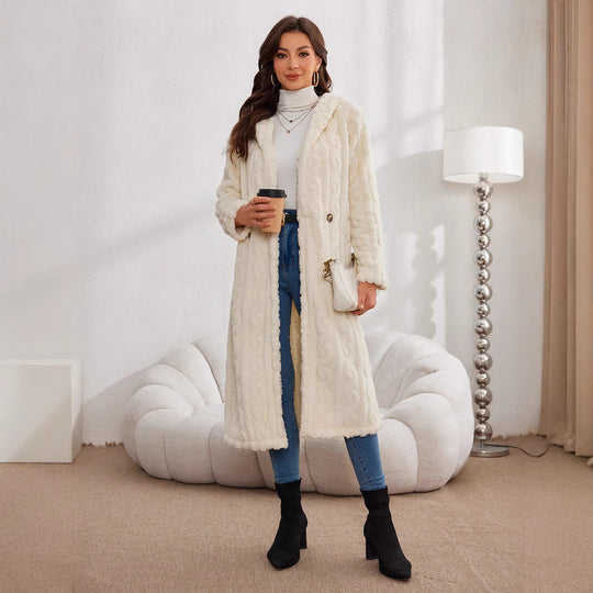 Damen Langer Plüsch-Mantel mit Kapuze R&B