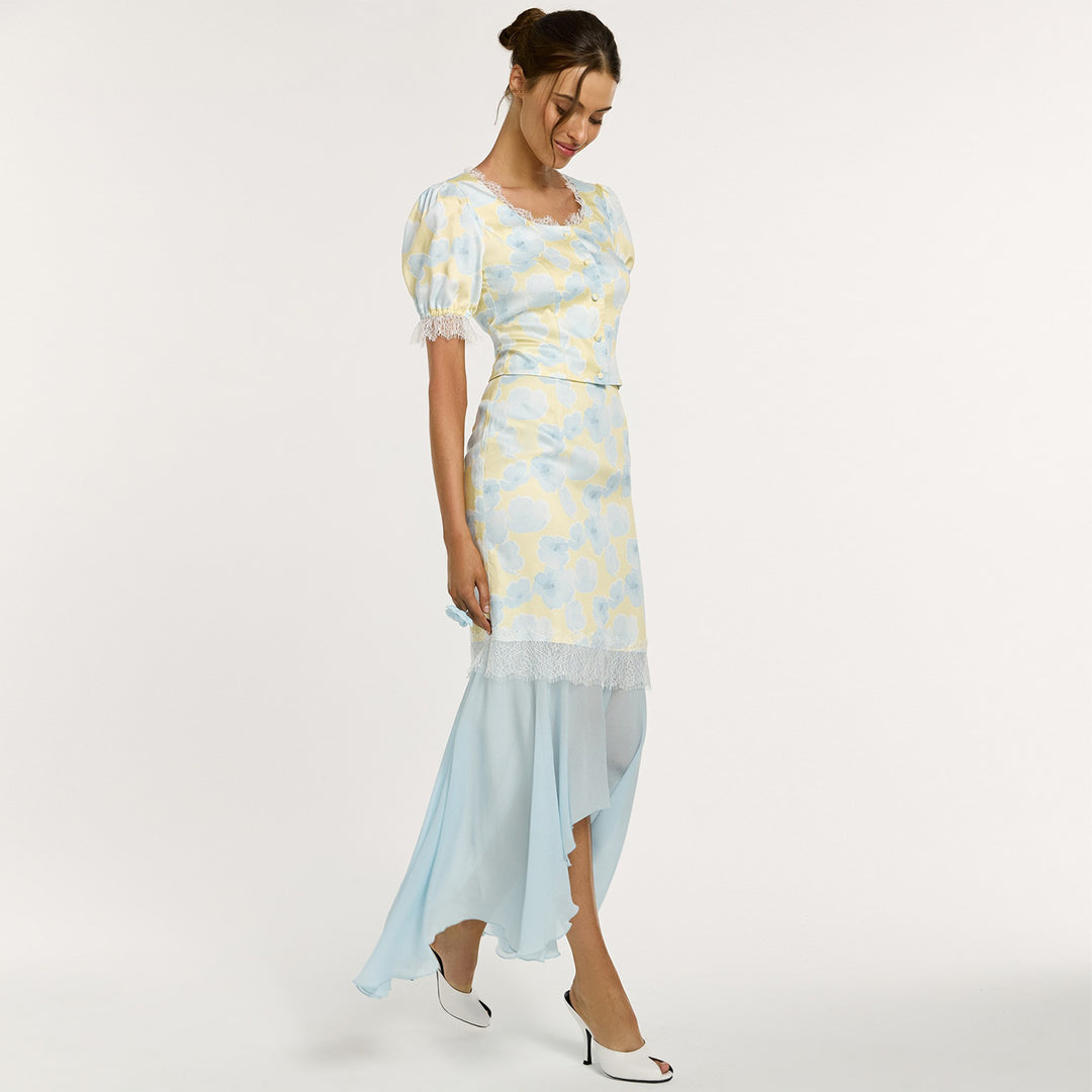 Damen elegantes Kleid mit asymmetrischem Saum und floralem Muster R&B