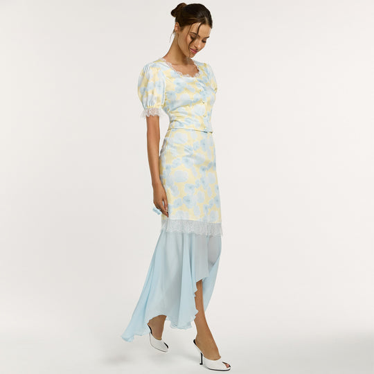 Damen elegantes Kleid mit asymmetrischem Saum und floralem Muster R&B