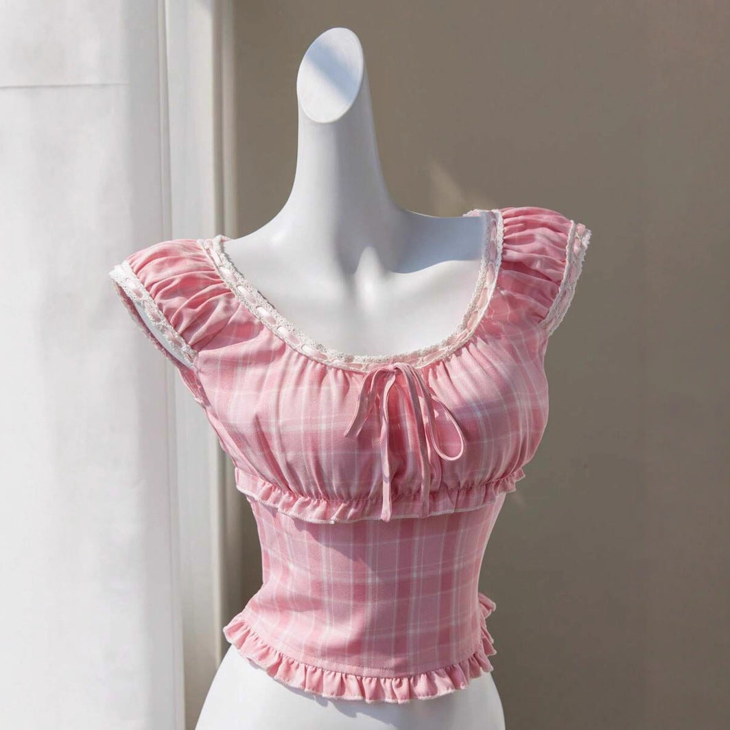 Damen verspieltes Karomuster-Crop-Top mit Rüschendetails und Kordelzug R&B
