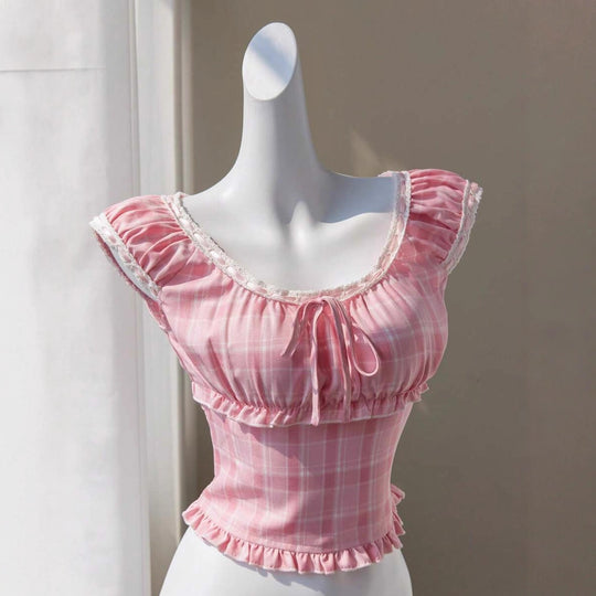 Damen verspieltes Karomuster-Crop-Top mit Rüschendetails und Kordelzug R&B
