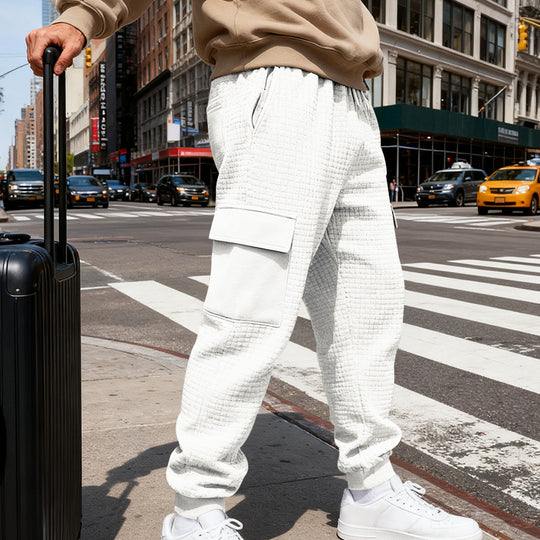 Herren nan Waffelstruktur Cargohose im Joggingstil mit Klappentaschen und elastischem Bund R&B