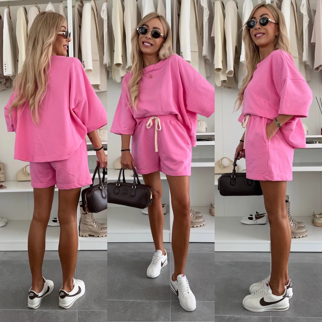 Damen lässiges Set aus Oversize-T-Shirt und Shorts mit verstellbarem Taillenzug R&B