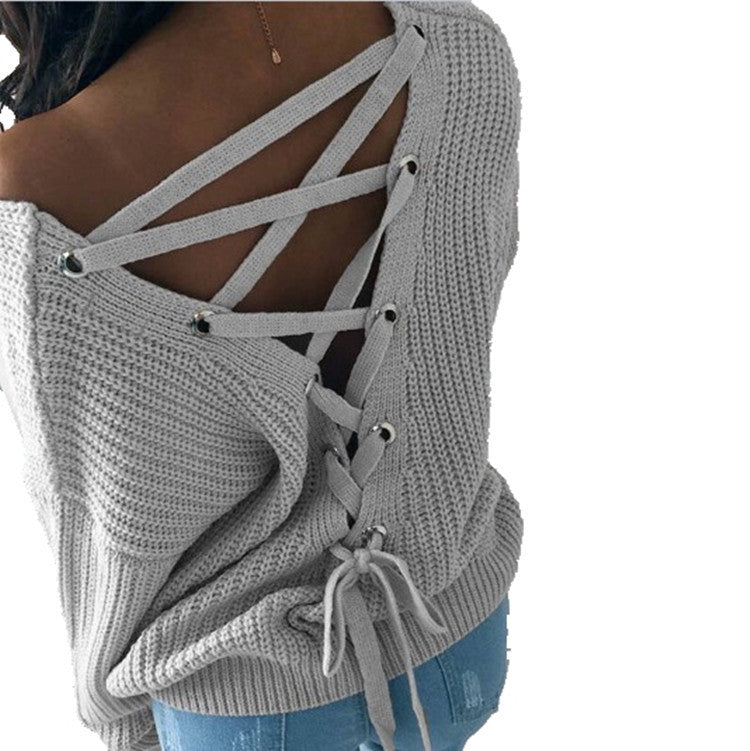 Damen Strickpullover mit kreativem Rückendesign und einzigartigen Schnürdetails R&B