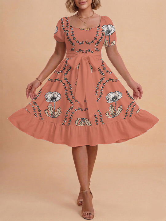 Damen modernes Blumenkleid mit elegantem Taillengürtel und asymmetrischem Saum R&B