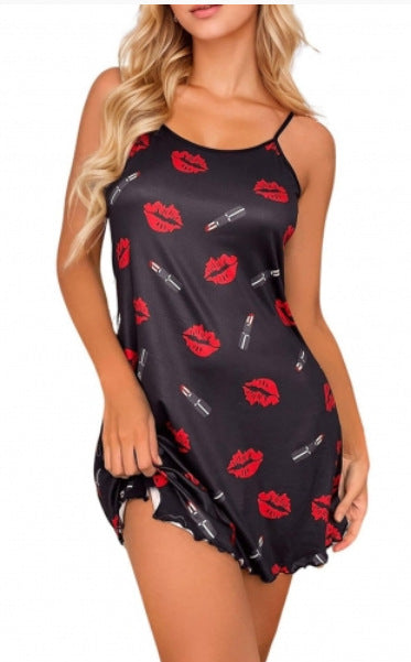 Damen Nachtkleid mit Lippen- und Lippenstift-Muster R&B