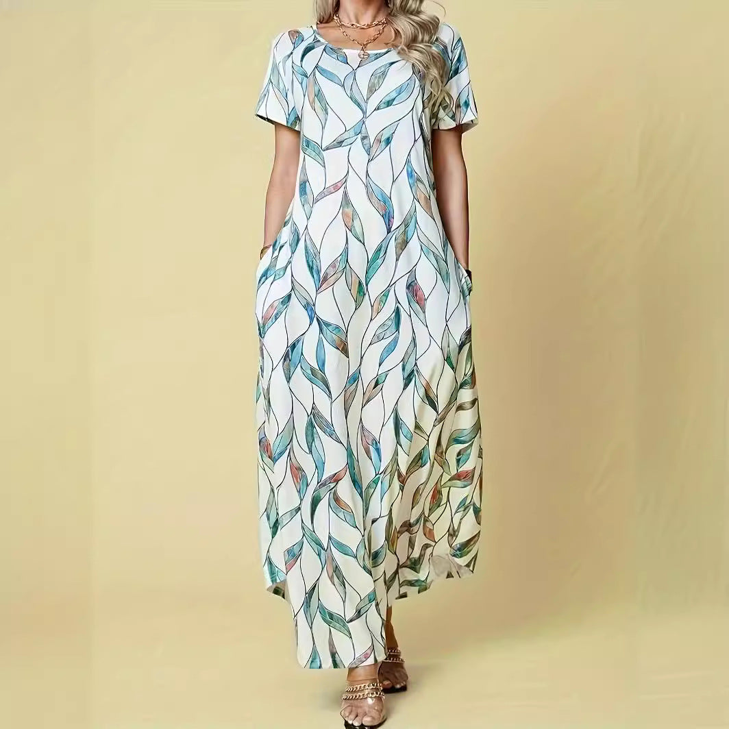 Damen Maxikleid mit elegantem Blattmuster und praktischen Taschen R&B