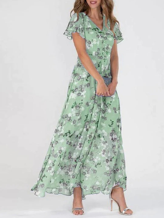 Damen Maxikleid mit floralem Chiffon-Stoff und transparenten Ärmeln R&B