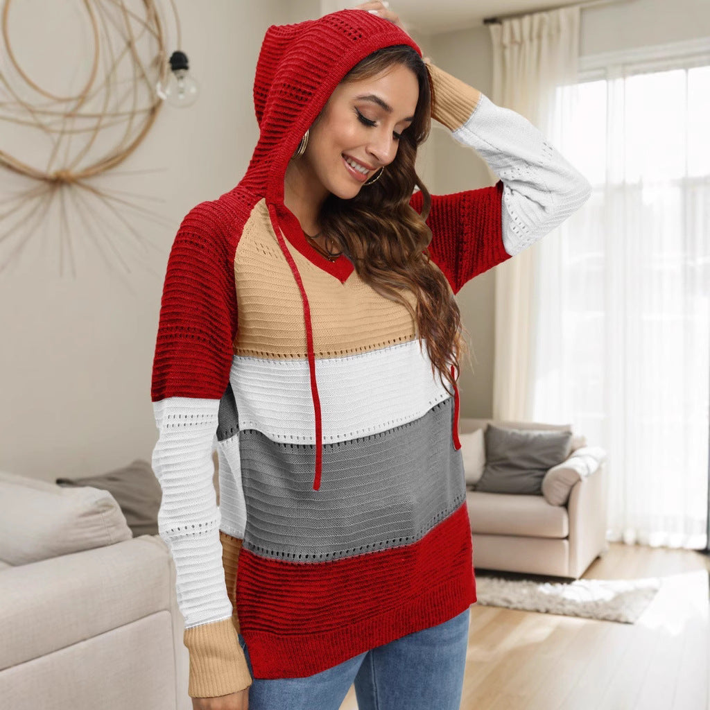 Damen Pullover mit lässigem Kapuzen-Design und einzigartigem Streifenmuster R&B