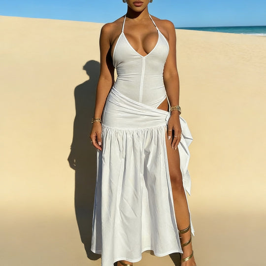 Damen Maxikleid mit knackigem V-Ausschnitt und verspielten Drapierungen R&B