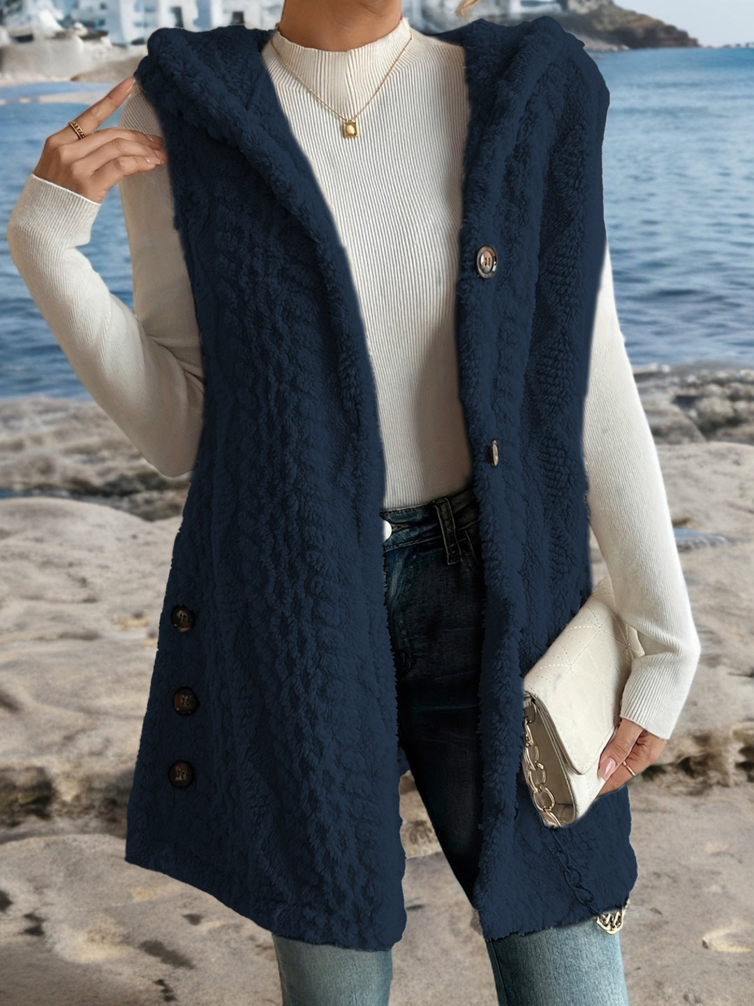 Damen Kuschelige Fleece-Weste mit Kapuze und Knopfverschluss R&B