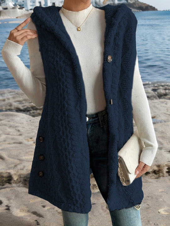 Damen Kuschelige Fleece-Weste mit Kapuze und Knopfverschluss R&B