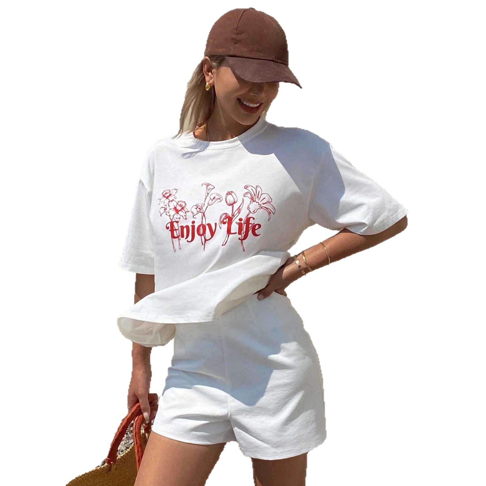 Damen Lässiges Oversize-T-Shirt mit floralem Druck und inspirierendem Schriftzug R&B