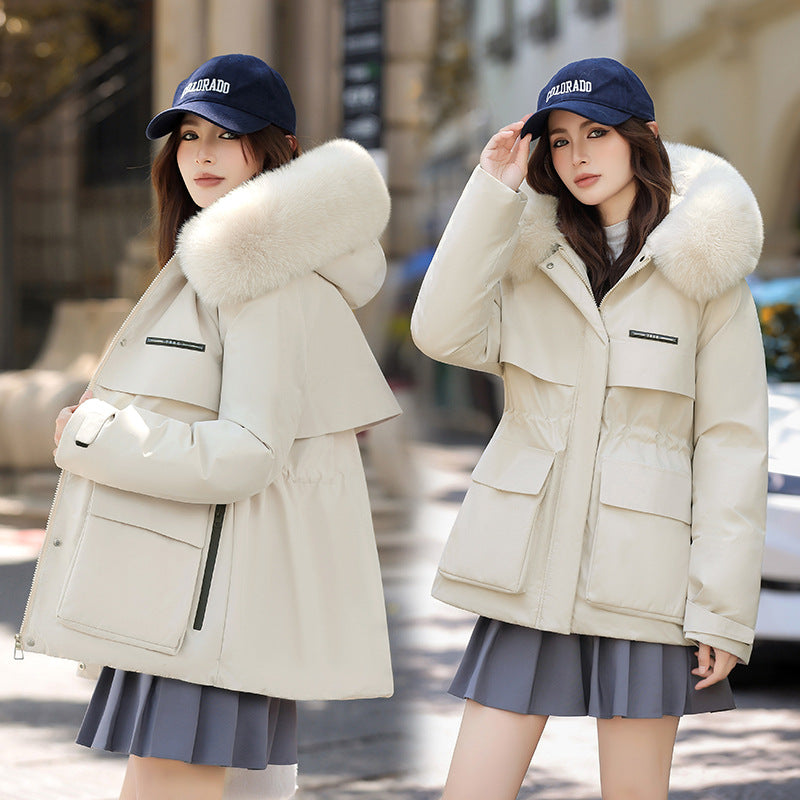 Damen Elegante und warme Winterjacke mit abnehmbarem Kunstfellkragen und praktischen Taschen R&B