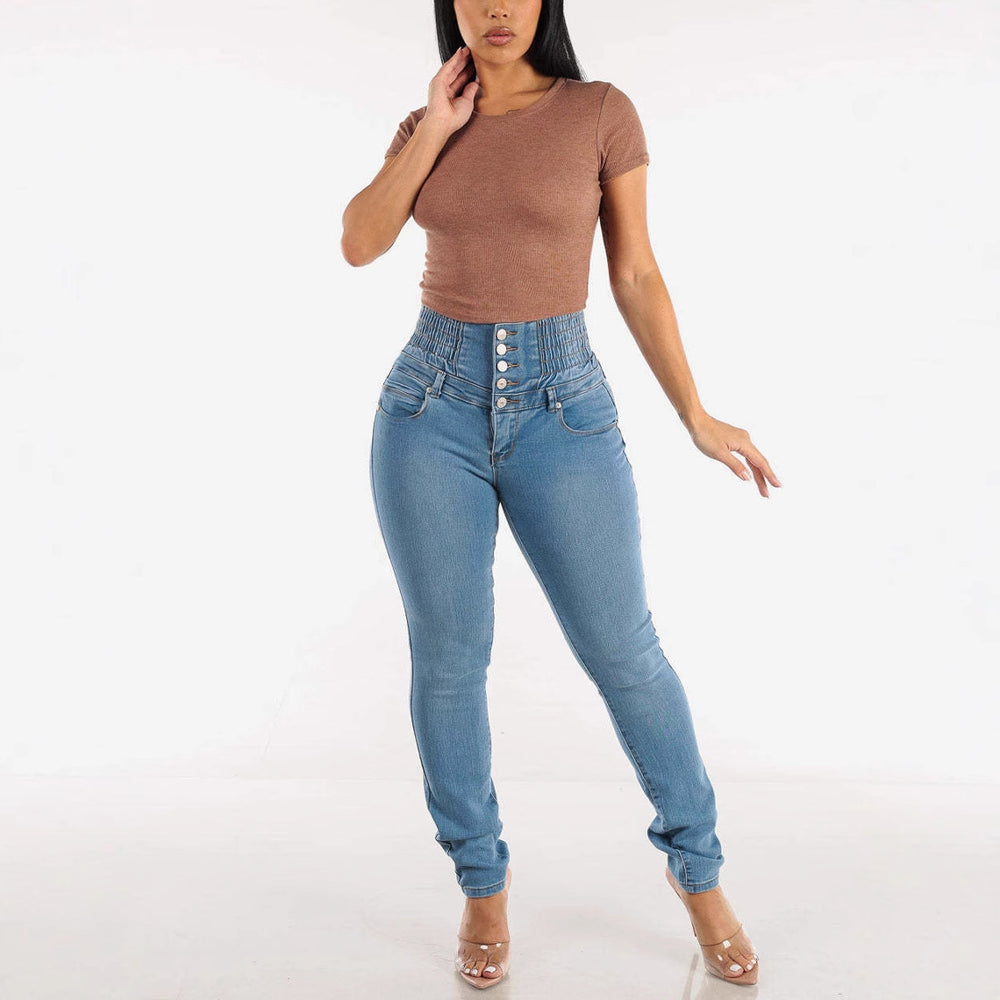 Damen High-Waist Skinny Jeans mit elastischem Bund und dekorativen Knöpfen R&B