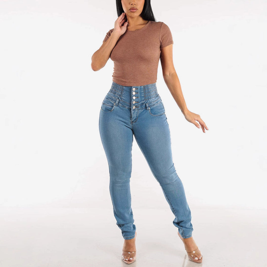 Damen High-Waist Skinny Jeans mit elastischem Bund und dekorativen Knöpfen R&B
