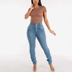 Damen High-Waist Skinny Jeans mit elastischem Bund und dekorativen Knöpfen R&B