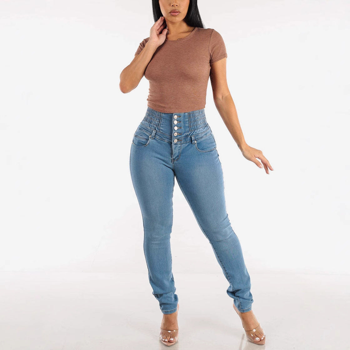 Damen High-Waist Skinny Jeans mit elastischem Bund und dekorativen Knöpfen R&B