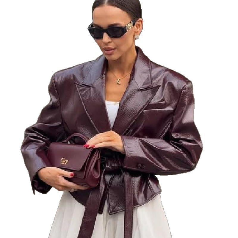 Damen Kunstlederblazer mit taillierbarem Gürtel R&B