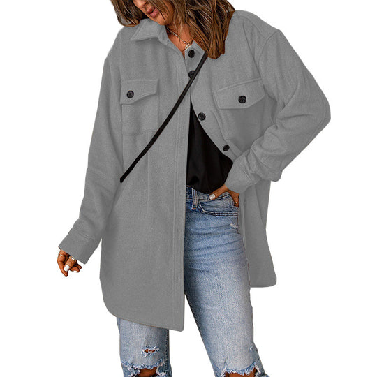 Damen Übergröße Langarm-Hemdjacke mit funktionalen aufgesetzten Taschen und lässigem Schnitt R&B