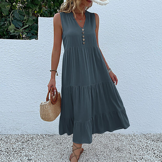 Damen Maxikleid mit Knopfdetail und voluminösem Rock R&B