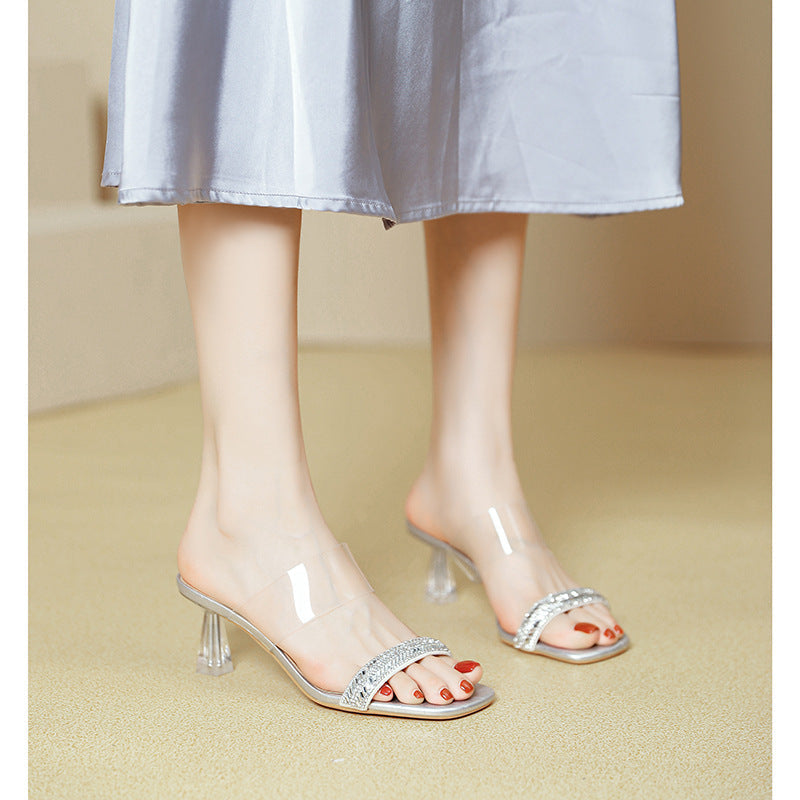 Damen transparente Sandalen mit glitzerndem Riemen und stylish transparentem Absatz