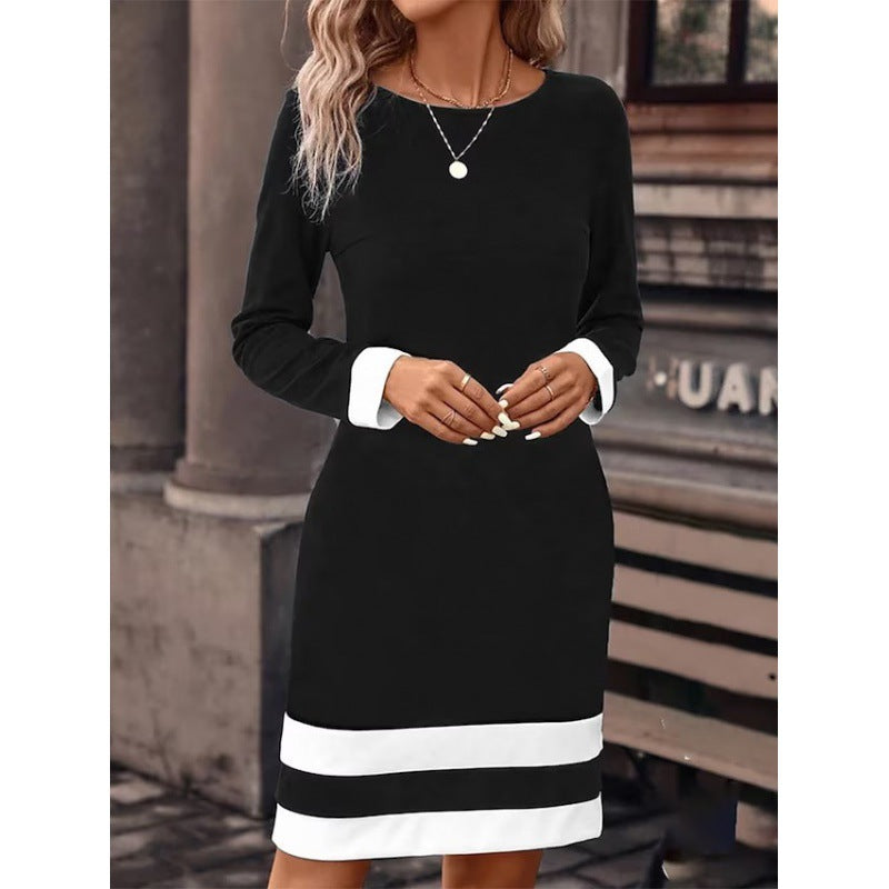 Damen Elegantes Kleid mit kontrastierenden Ärmelabschlüssen und Saum R&B