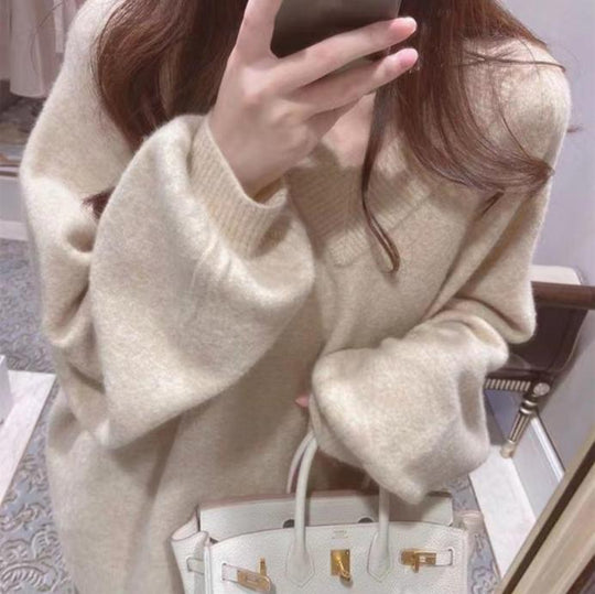 Damen Grobstrickpullover mit tiefem V-Ausschnitt und voluminösen Ärmeln R&B