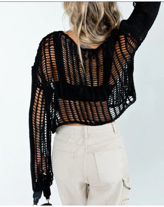 Damen luftiges Cropped Strickoberteil mit weit geschnittenen Ärmeln R&B