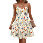 Damen lässiges Blumenkleid mit schmalen Spaghettiträgern und weitem Rock R&B