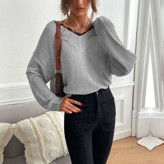 Damen lässiges Strickoberteil mit modischem V-Ausschnitt und detailreicher Textur R&B