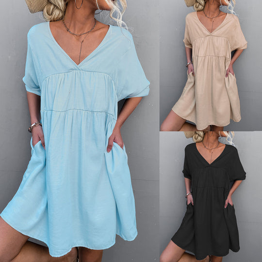 Damen lässiges V-Ausschnitt Sommerkleid mit taillierter Passform und leichtem Stoff R&B