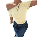 Damen Off-Shoulder Oberteil mit Rüschen und dekorativen Knöpfen R&B
