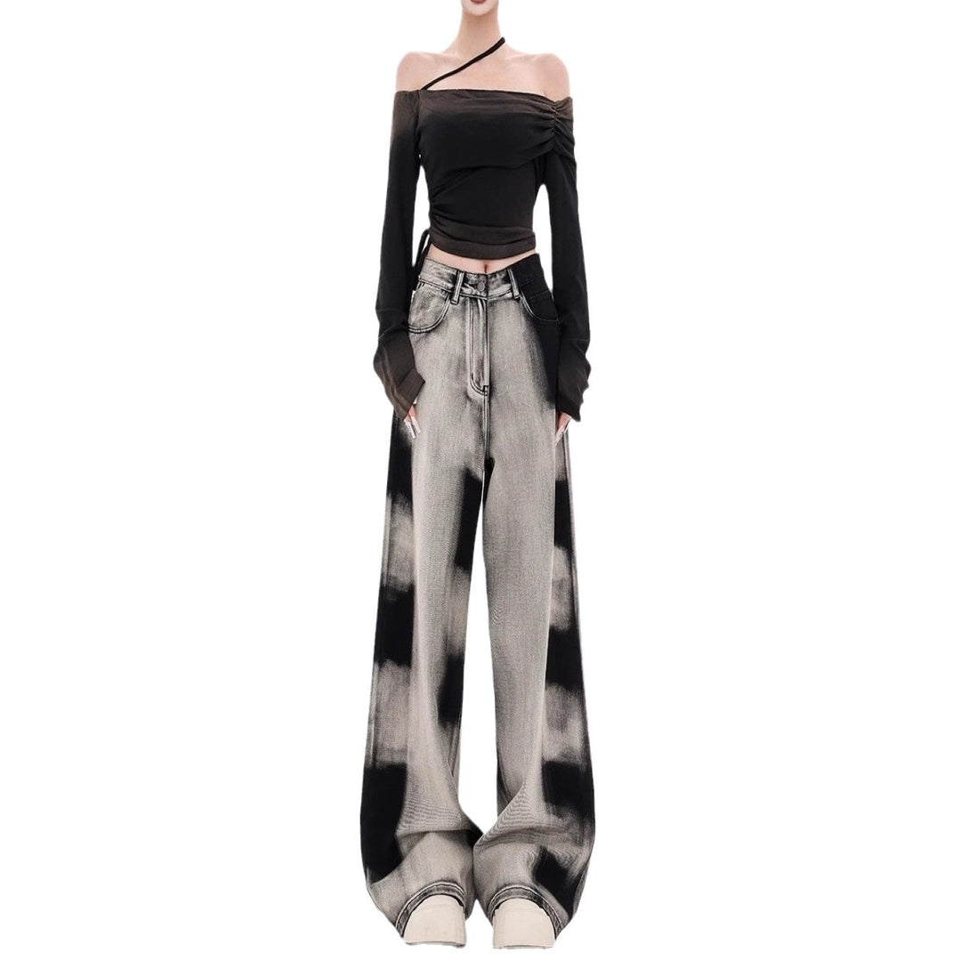Damen Weite Designer-Jeans mit kreativen Batikmustern R&B