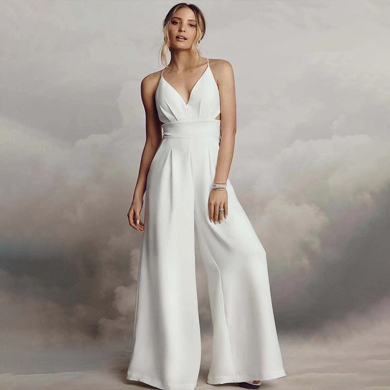 Damen Jumpsuit mit Elegantem V-Ausschnitt und Fließendem Bein R&B