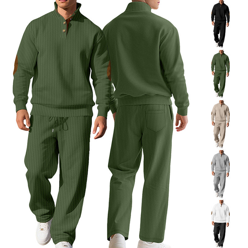 Herren nan feiner Rippstrickpullover mit halber Knopfleiste hohem Stehkragen und kontrastierendem Suedine-Ellbogenbesatz R&B