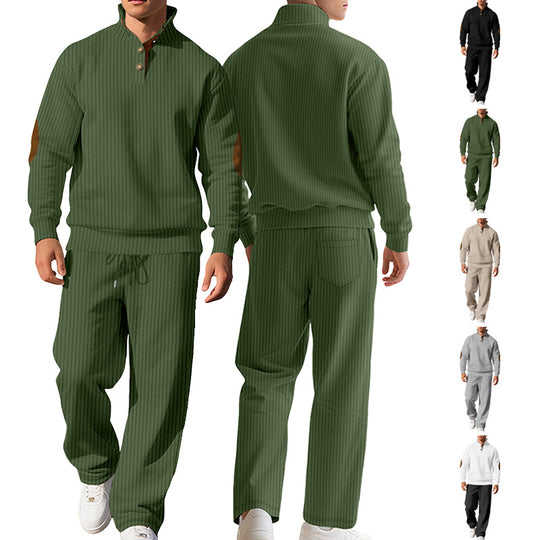 Herren nan feiner Rippstrickpullover mit halber Knopfleiste hohem Stehkragen und kontrastierendem Suedine-Ellbogenbesatz R&B