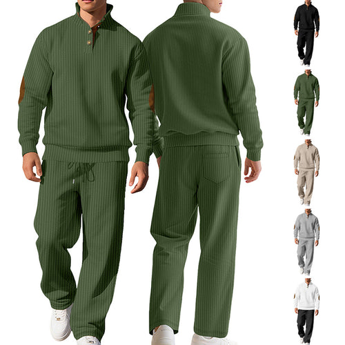 Herren nan feiner Rippstrickpullover mit halber Knopfleiste hohem Stehkragen und kontrastierendem Suedine-Ellbogenbesatz R&B