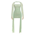 Damen Elegantes Minikleid mit raffinierten Rüschen und transparenten Ärmeln R&B