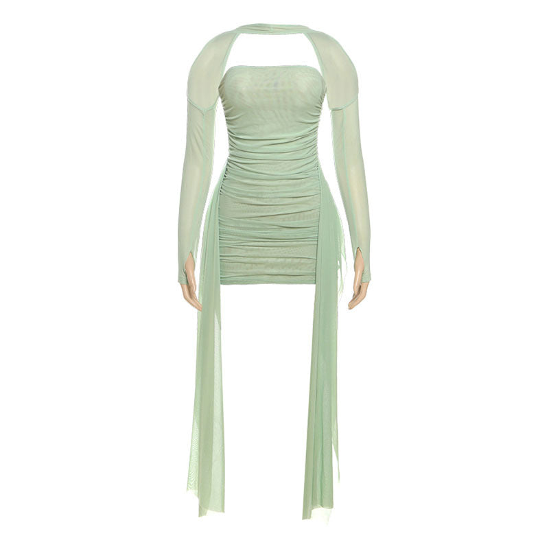 Damen Elegantes Minikleid mit raffinierten Rüschen und transparenten Ärmeln R&B