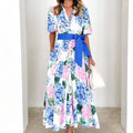 Damen Maxikleid mit botanischem Blütenmuster und tailliertem Bindegürtel R&B