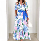 Damen Maxikleid mit botanischem Blütenmuster und tailliertem Bindegürtel R&B