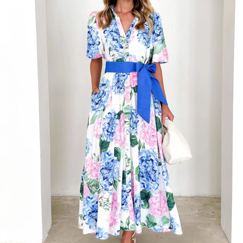 Damen Maxikleid mit botanischem Blütenmuster und tailliertem Bindegürtel R&B