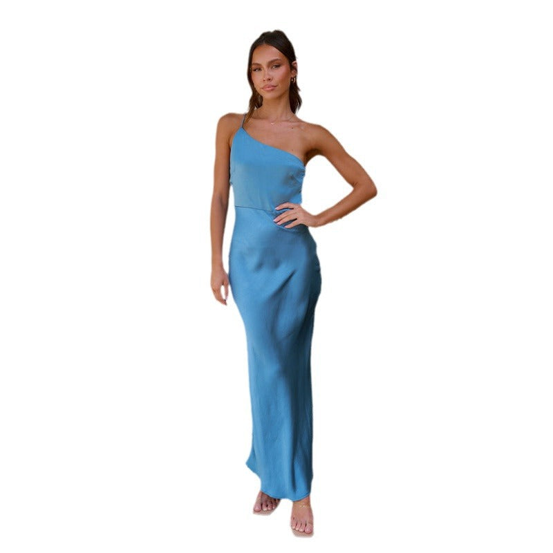 Damen Einseitig geschnittenes Satin-Maxikleid mit elegantem Fall R&B